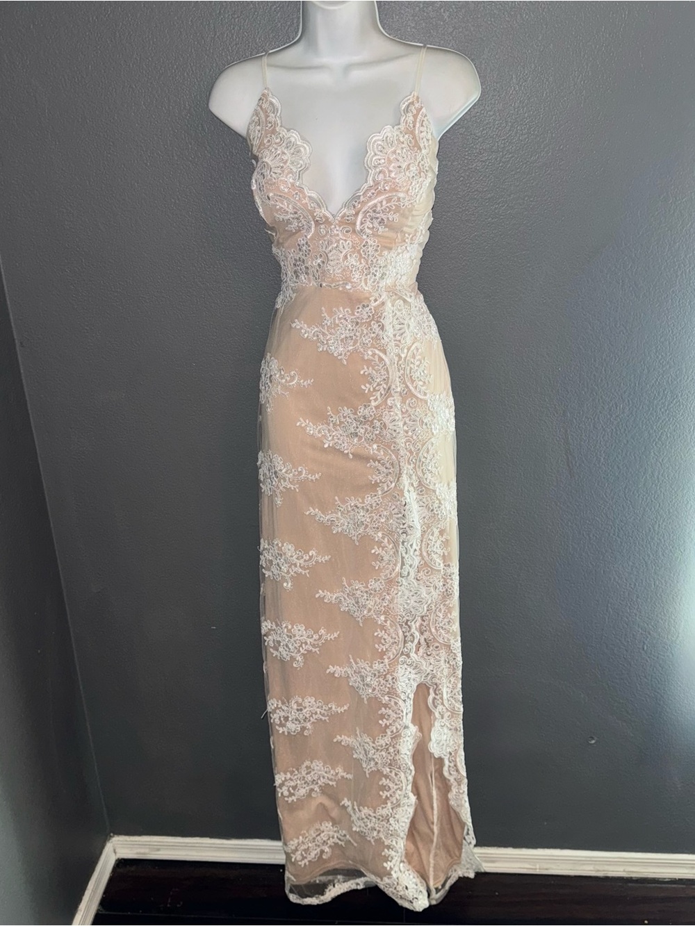 Windsor Nude Lace Maxi Dress with White Appliqué - Picture 6 of 9